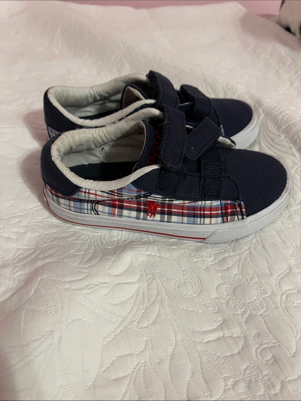 Polo by Ralph Lauren Navy Canvas Kids Sneakers with Red Plaid Accent